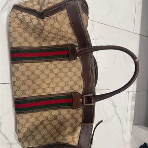 Gucci Tan and Brown Duffel Bag with Green and Red Accents
